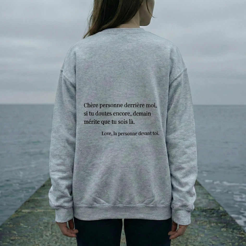 fiche produit stay tomorrow sweatshirt gris femme devant la mer