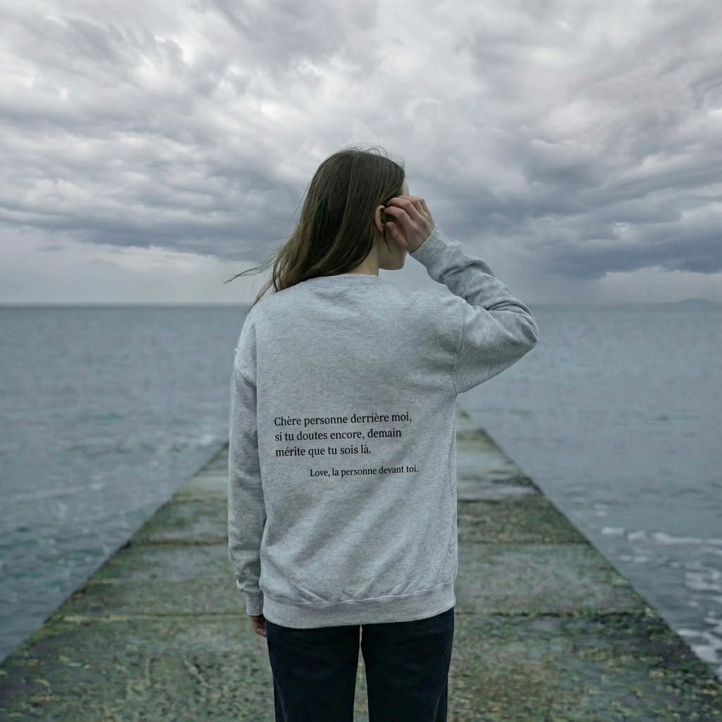 femme regardant la mer a l'horizon, fiche produit stay tomorrow sweatshirt gris 