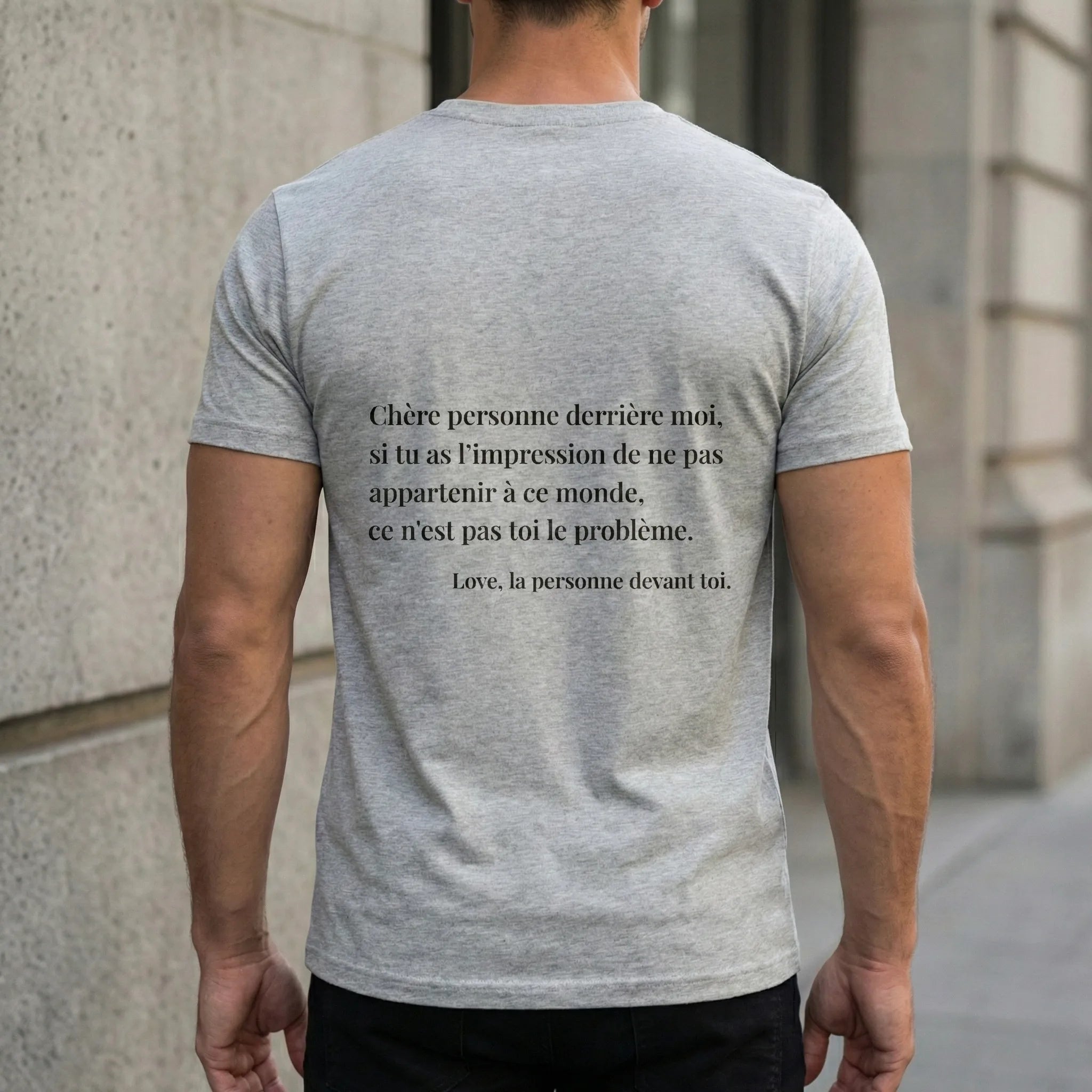 fiche produit stay you t-shirt gris message au dos