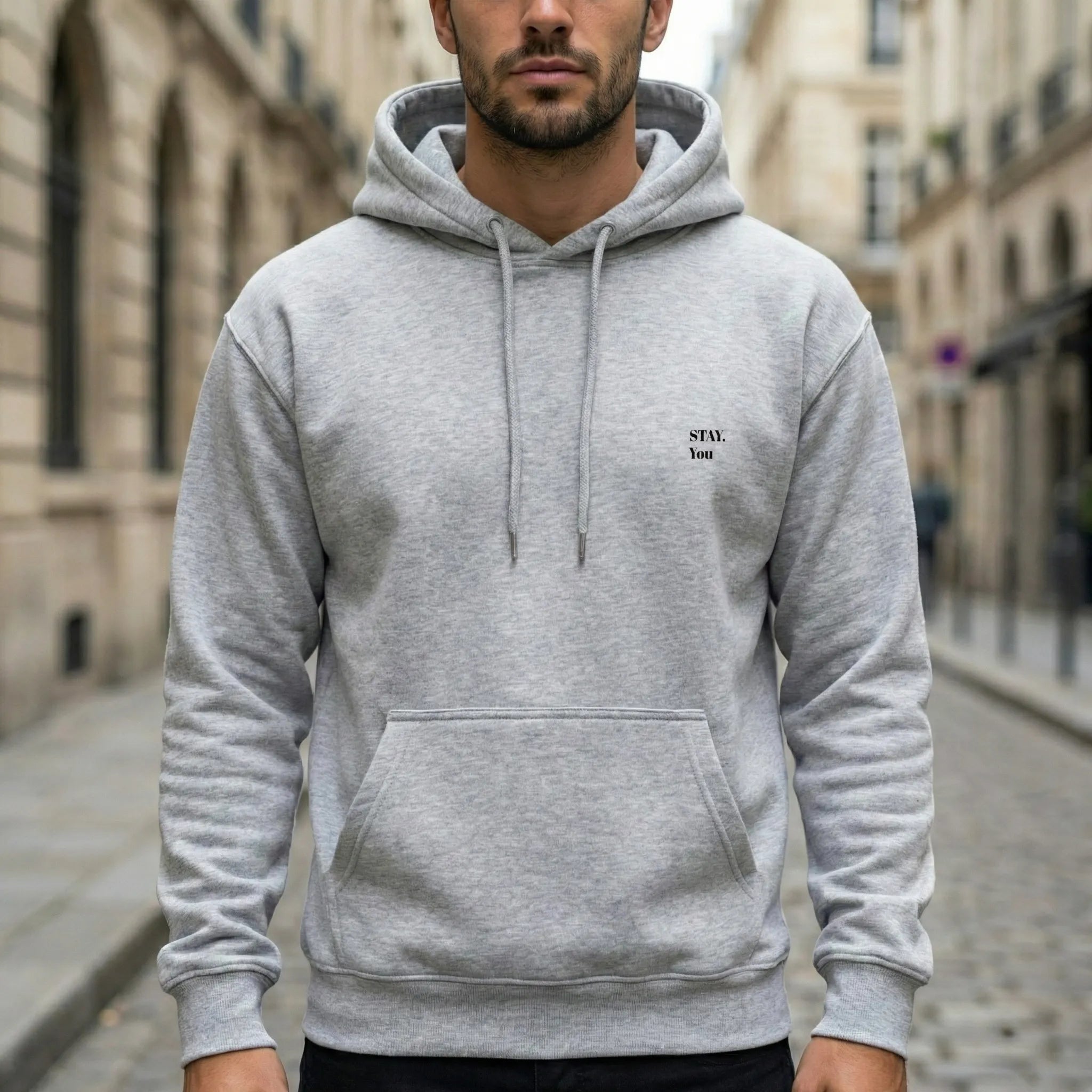 fiche produit stay you hoodie gris face logo 