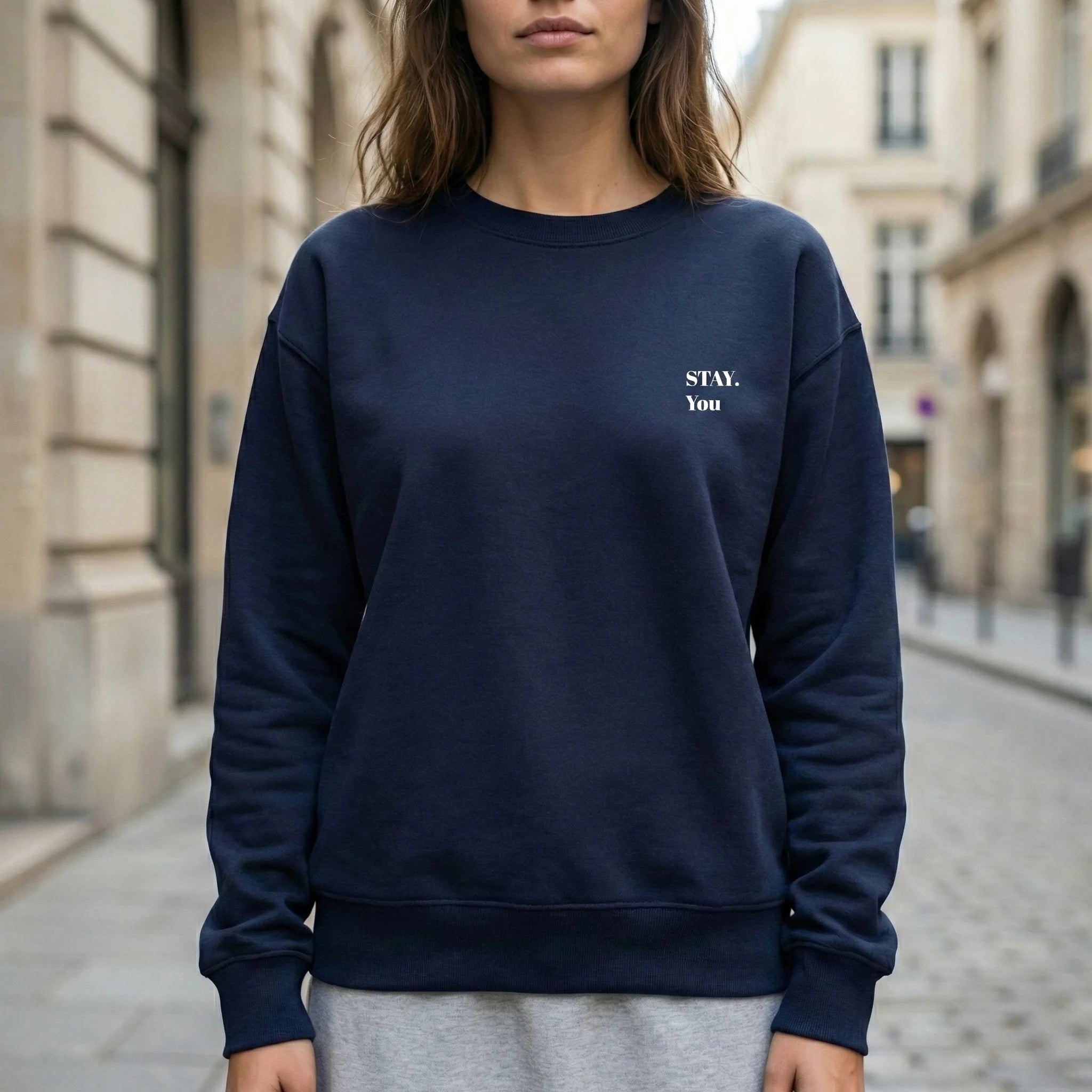 fiche produit stay you sweatshirt bleu message face logo 