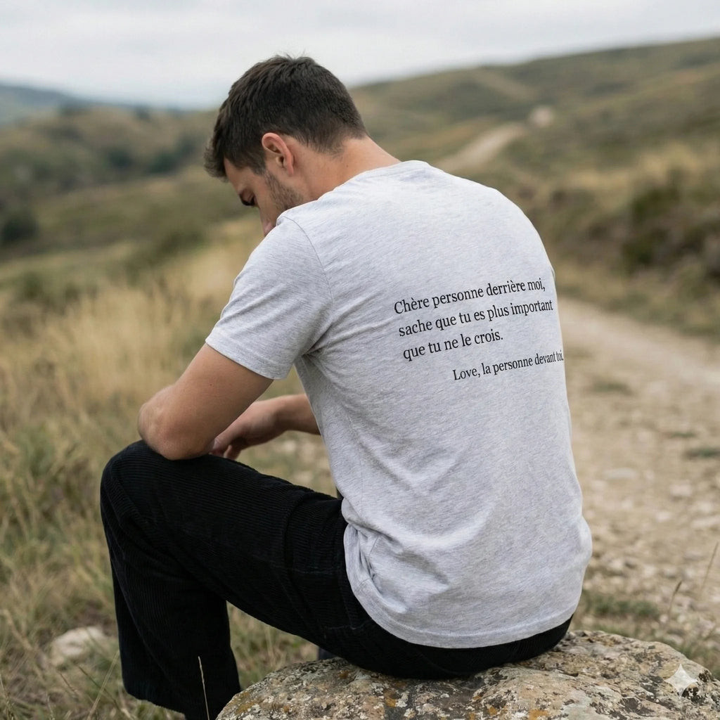 homme assis fiche produit stay strong t-shirt gris face logo 