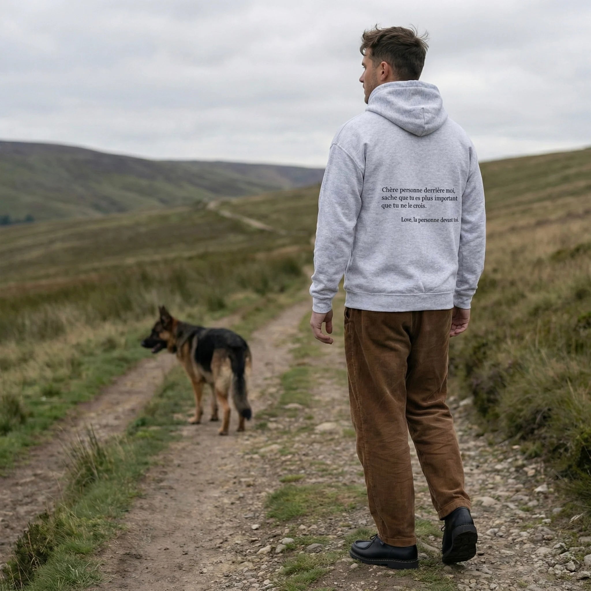 homme marche avec son chien fiche produit stay strong hoodie gris message au dos 