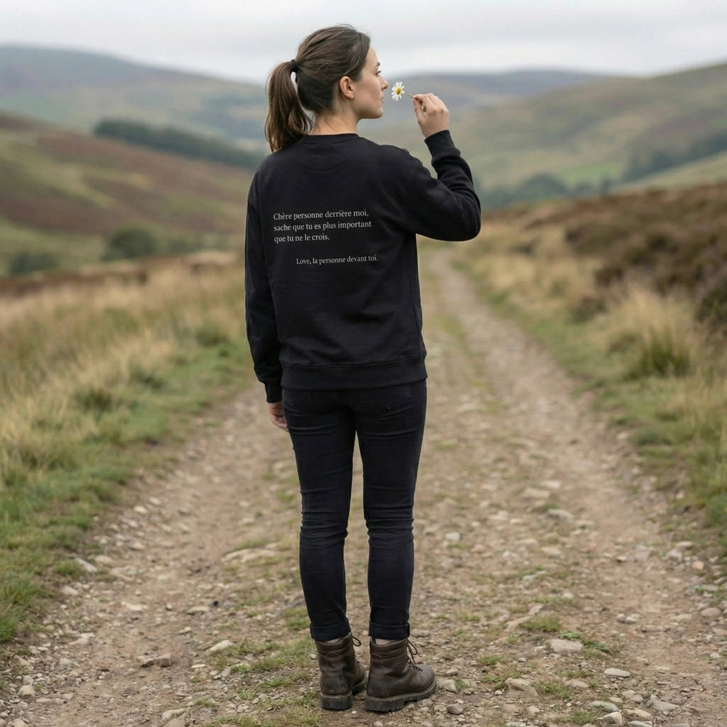 femme sent une fleure et porte sweatshirt noir message au dos 