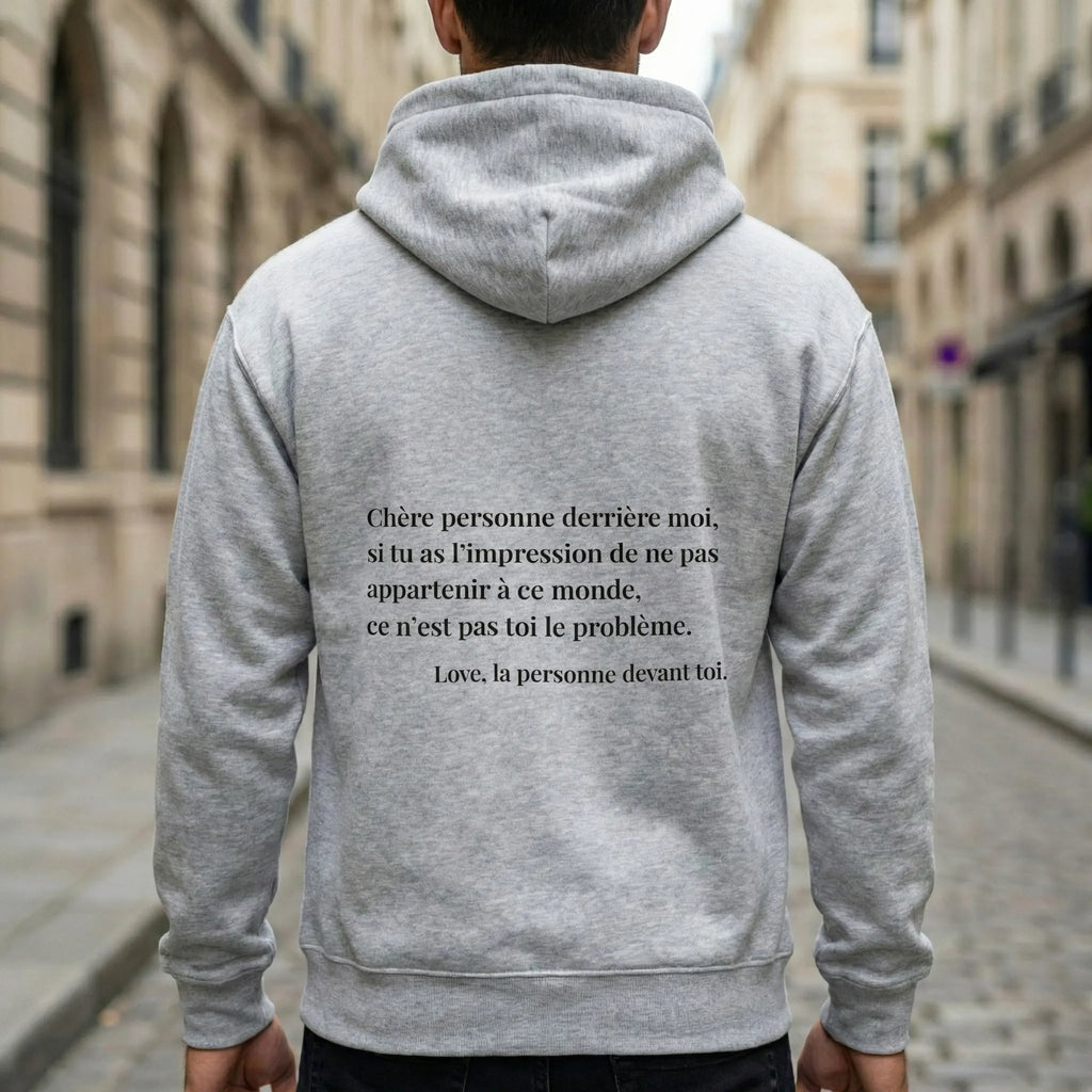 fiche produit stay you hoodie gris message au dos 