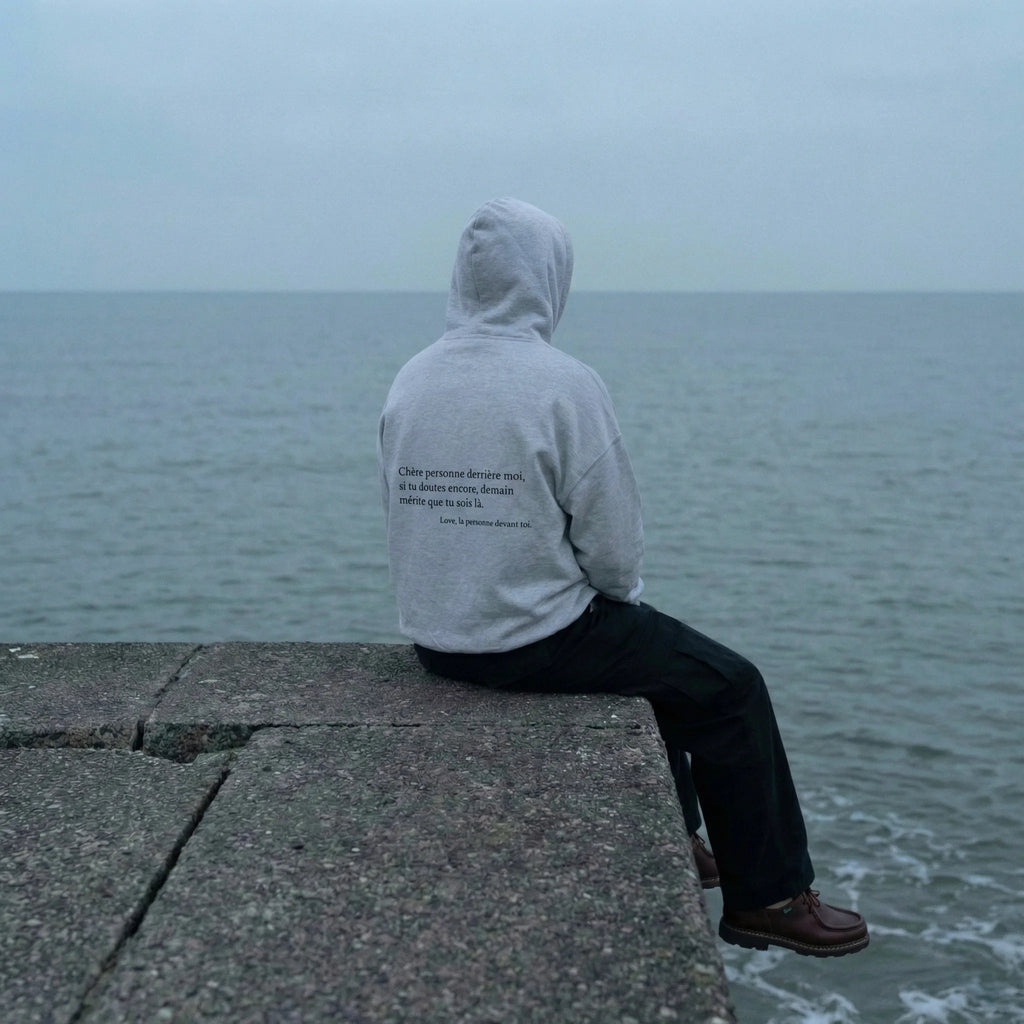 homme regardant l'horizon ocean portant hoodie gris stay tomorrow 