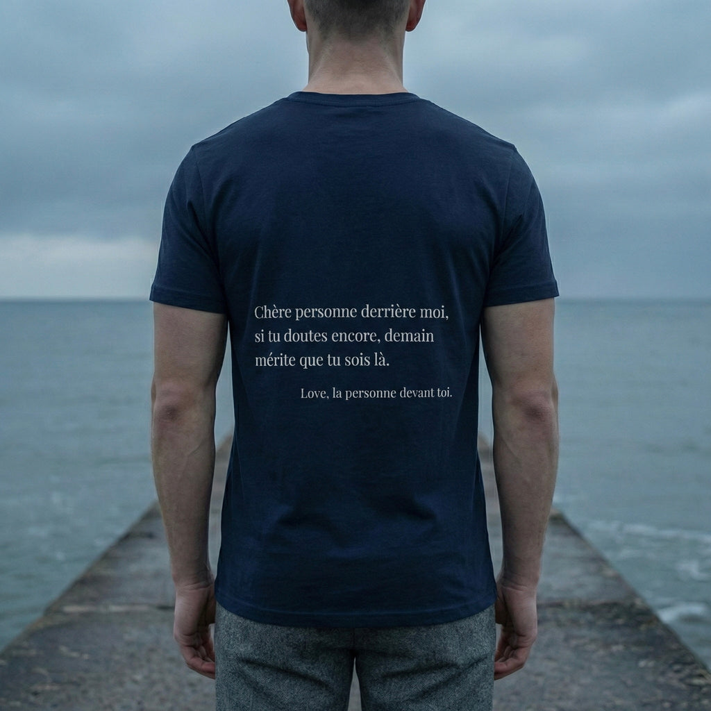 homme portant t-shirt bleu stay tomorrow message au dos 