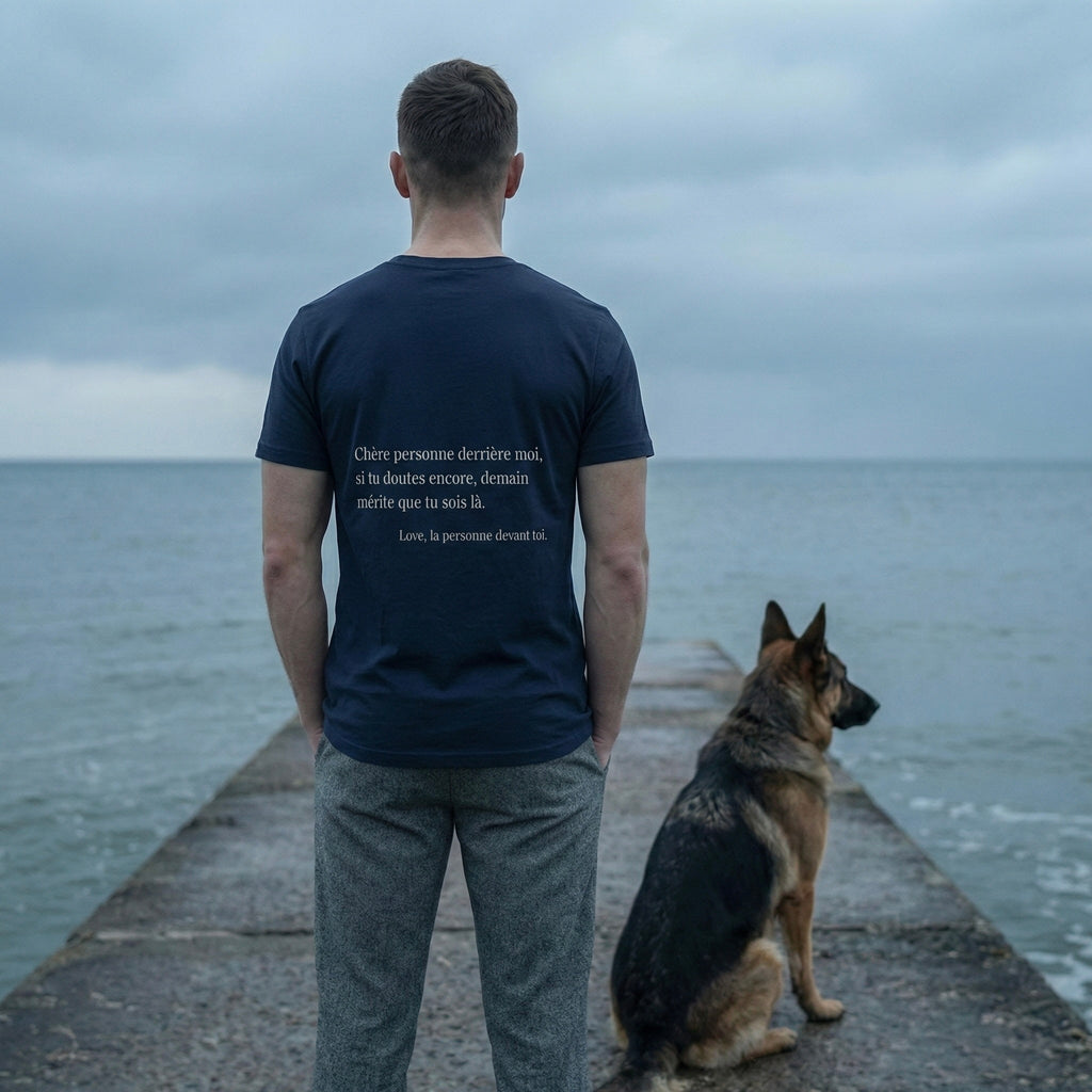 homme avec chien regardant l'horizon. porte t-shirt bleu stay tomorrow message dos