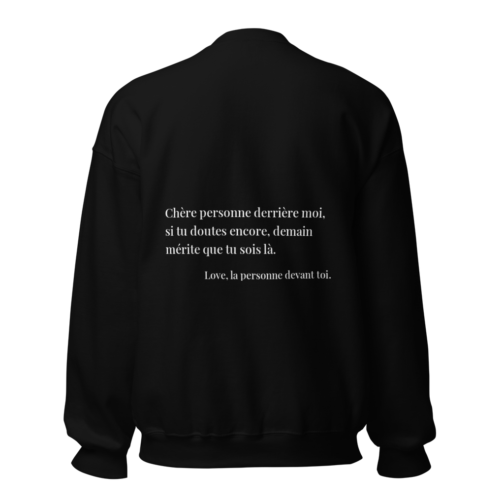 fiche produit stay tomorrow sweatshirt noir message au dos