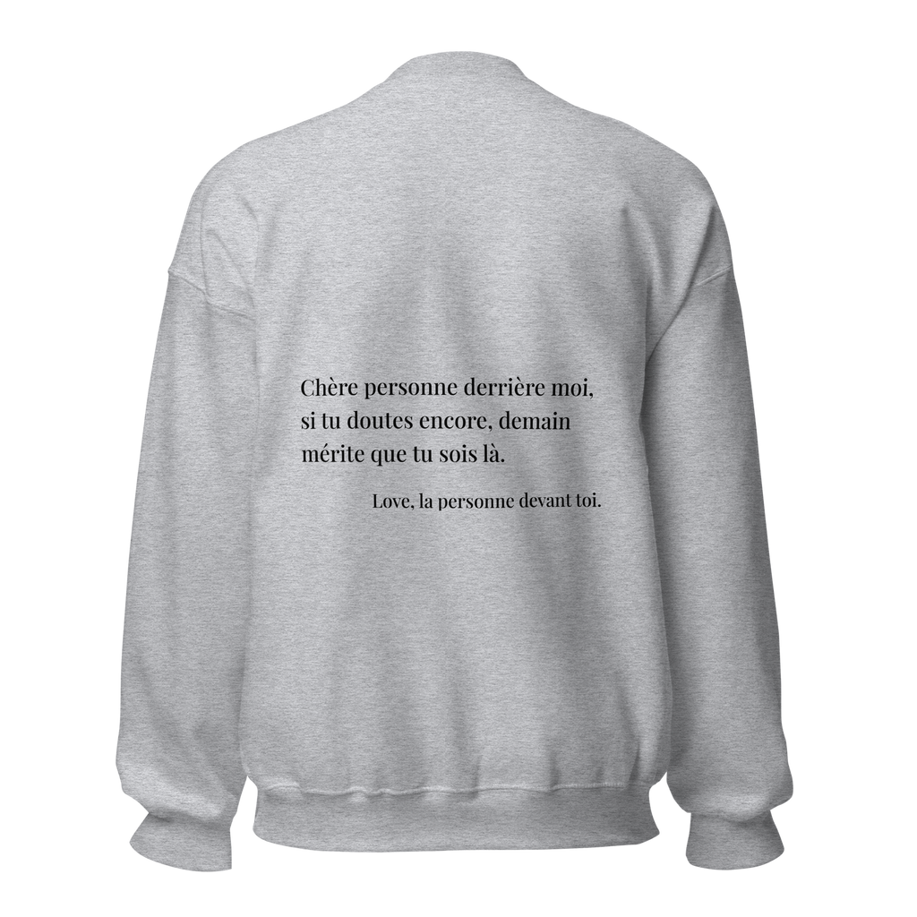 fiche produit stay tomorrow sweatshirt gris message au dos