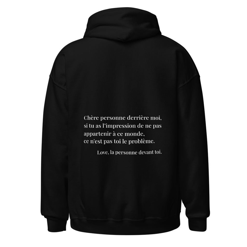fiche produit stay you hoodie noir message au dos