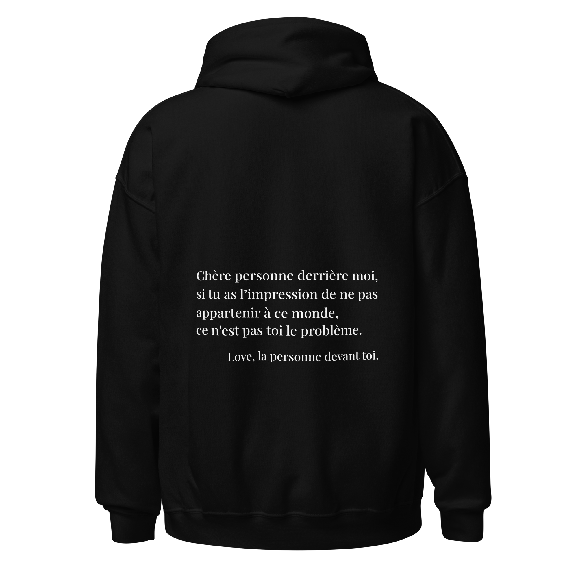 fiche produit stay you hoodie noir message au dos