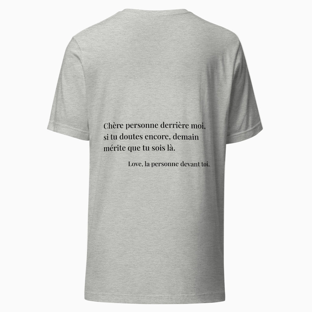fiche produit t-shirt gris stay tomorrow message au dos
