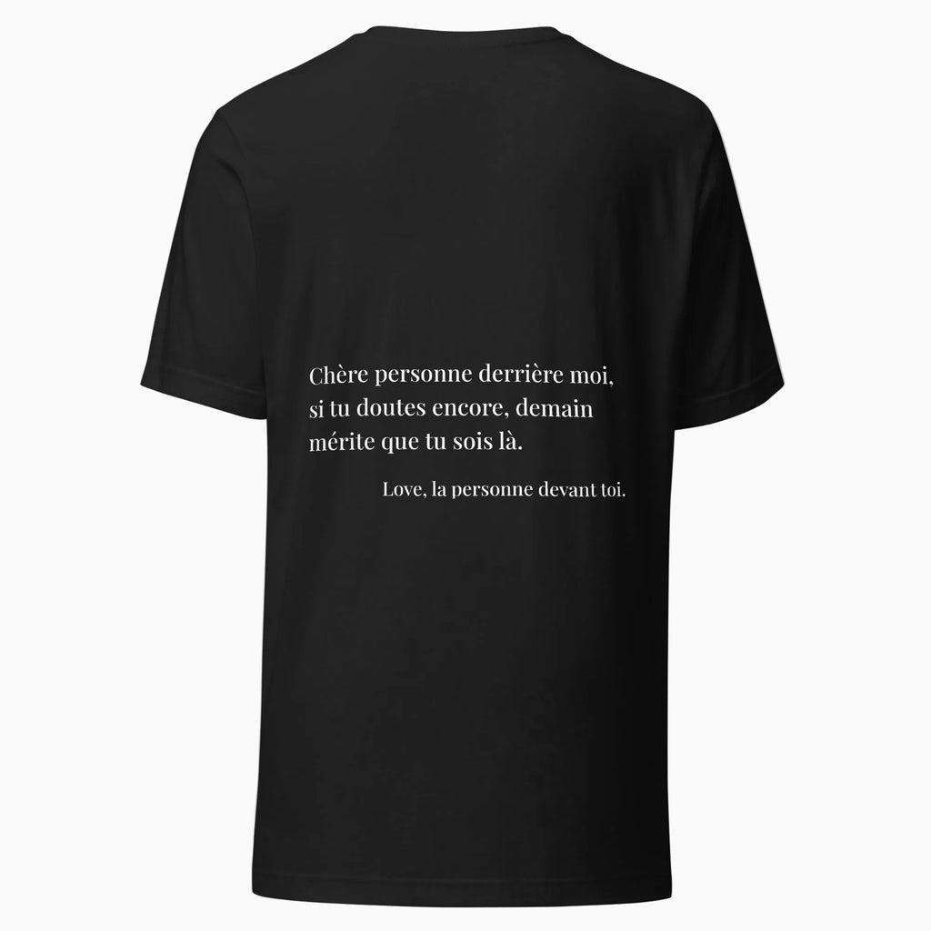 fiche produit t-shirt noir stay tomorrow message au dos